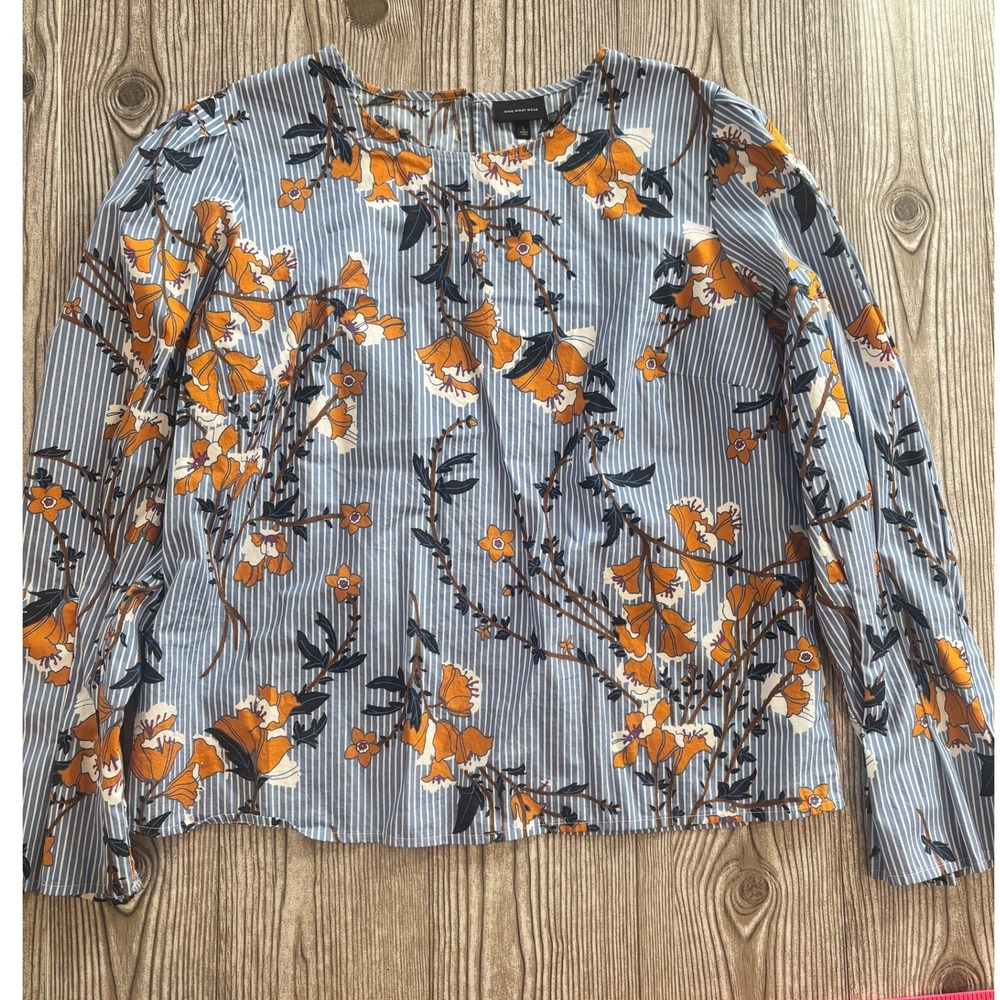 Who What Wear Blouse Women Size Large Blue Floral Striped Long Sleeve Cotton Top